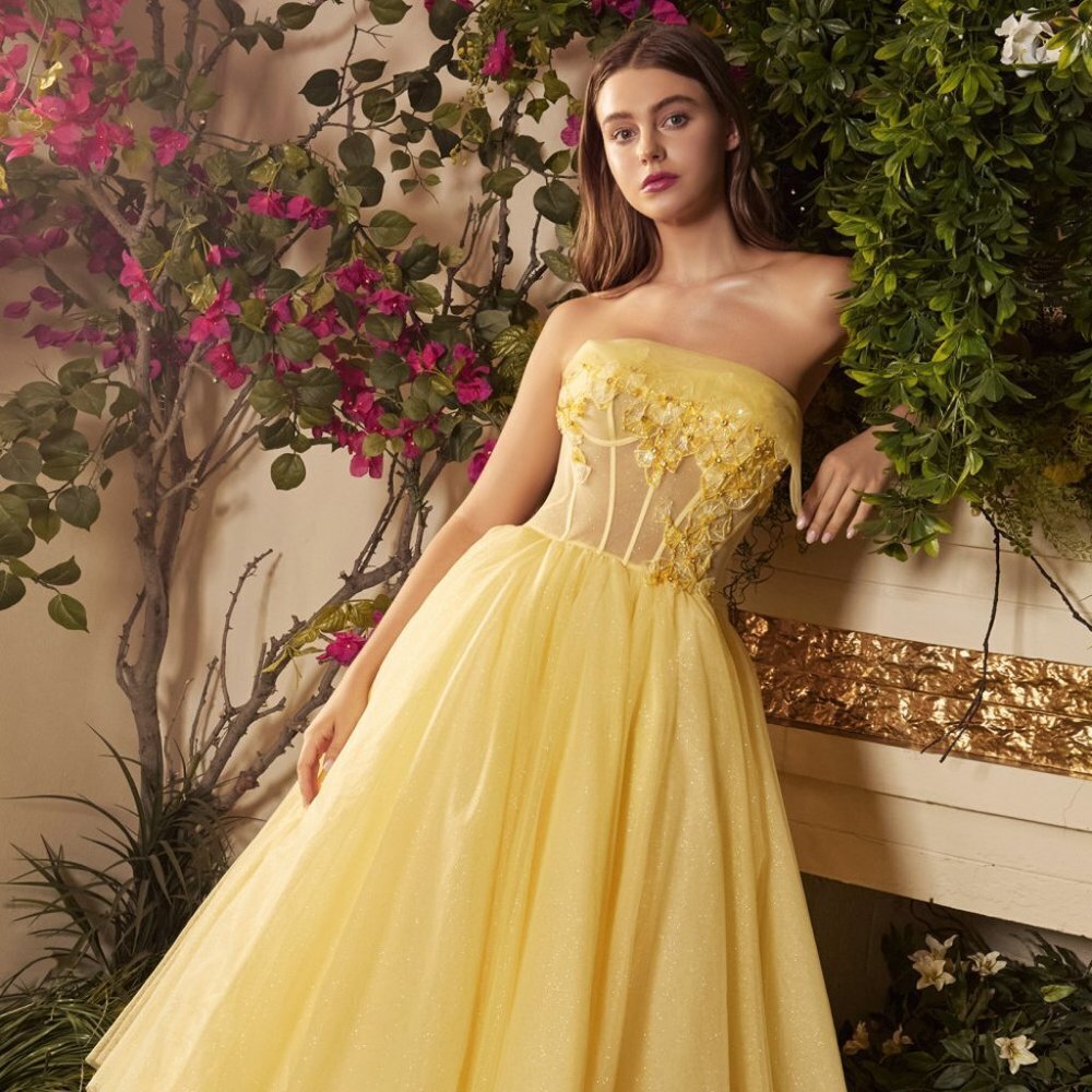 NEW YELLOW TULLE A-LINE OFF THE SHOULDER LONG DRESS WITH LACED UP BACK A1055